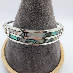 Vintage Mexico Taxco Silver Abalone Shell Bangle Bracelet